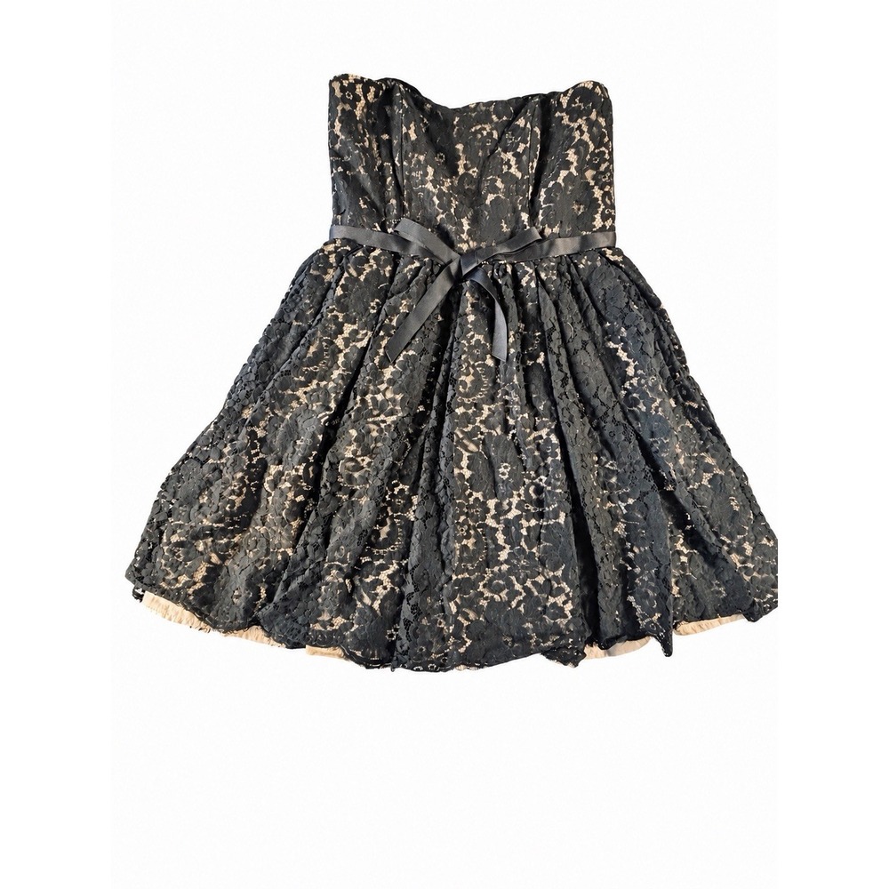 Liberated & Free Black Lace Strapless Dress Beige Lined Bow Fit Flare Cocktail 8